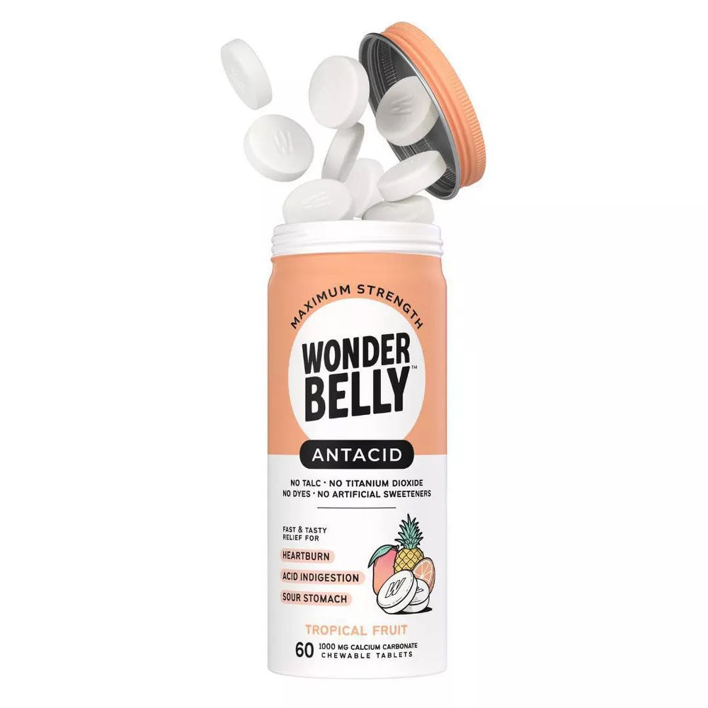 Wonder Belly Tropical Fruit Antacid Chewable Tablets for Heartburn and Indigestion Relief 60Ea