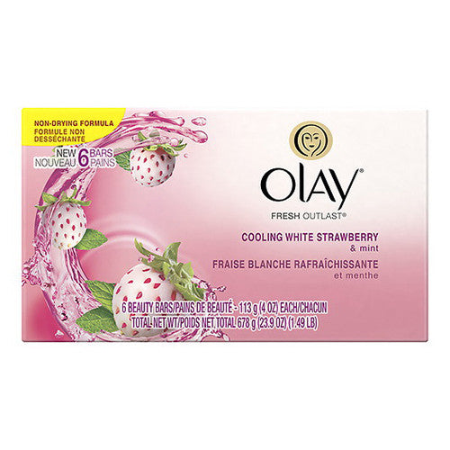 Olay Fresh Outlast Beauty Bar, Cooling White Strawberry and Mint, 6 Soap Bars