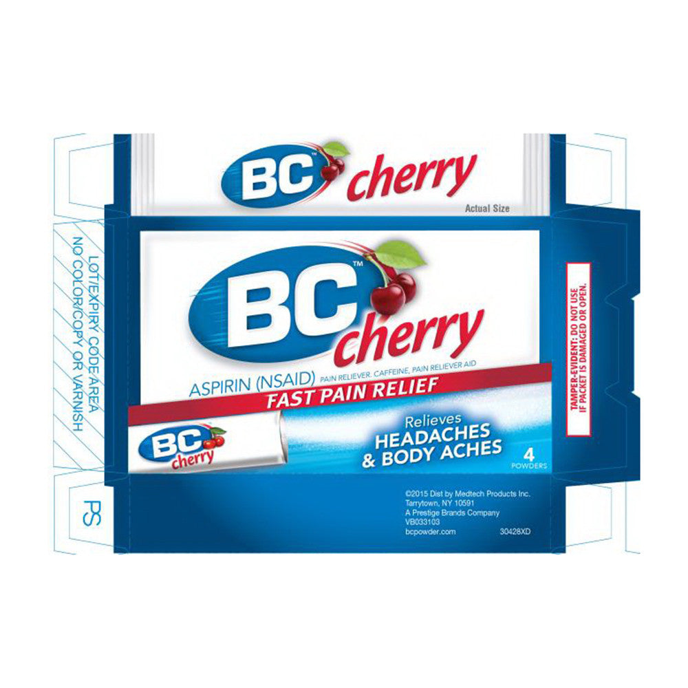 BC Headache and Body Ache Aspirin Fast Pain Relief Powder Packet, Cherry, 4 Ea