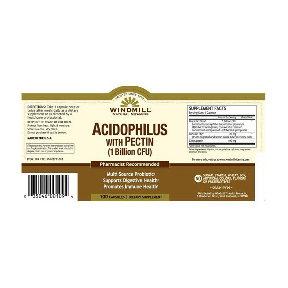 Windmill Natural Vitamins Acidophilus Probiotic With Pectin Capsules, 100 Ea