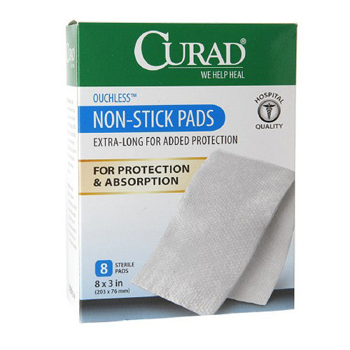 Curad Ouchless Extra Long For Added Protection Non Stick Pads, 8 X 3 Inches - 8 Ea