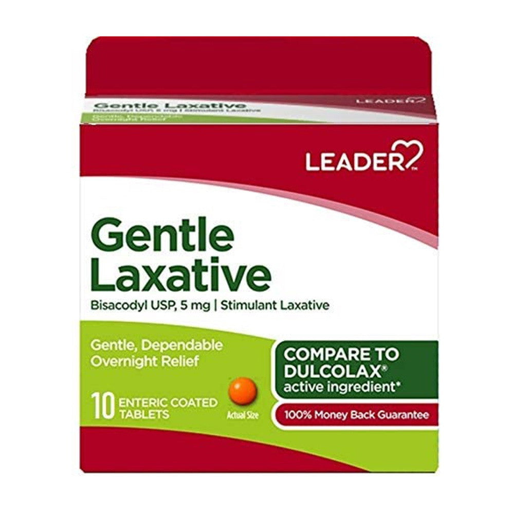 Leader Gentle Laxative Bisacodyl USP 5mg Enteric Coated Tablets, 10 Ea
