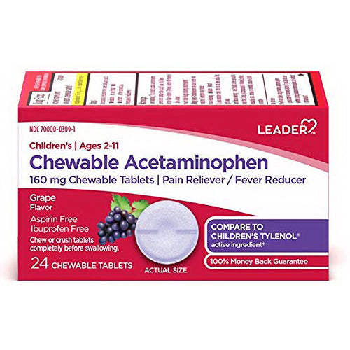 Childrens Chewable Acetaminophen Tablets by Leader, Grape, 24 Ea