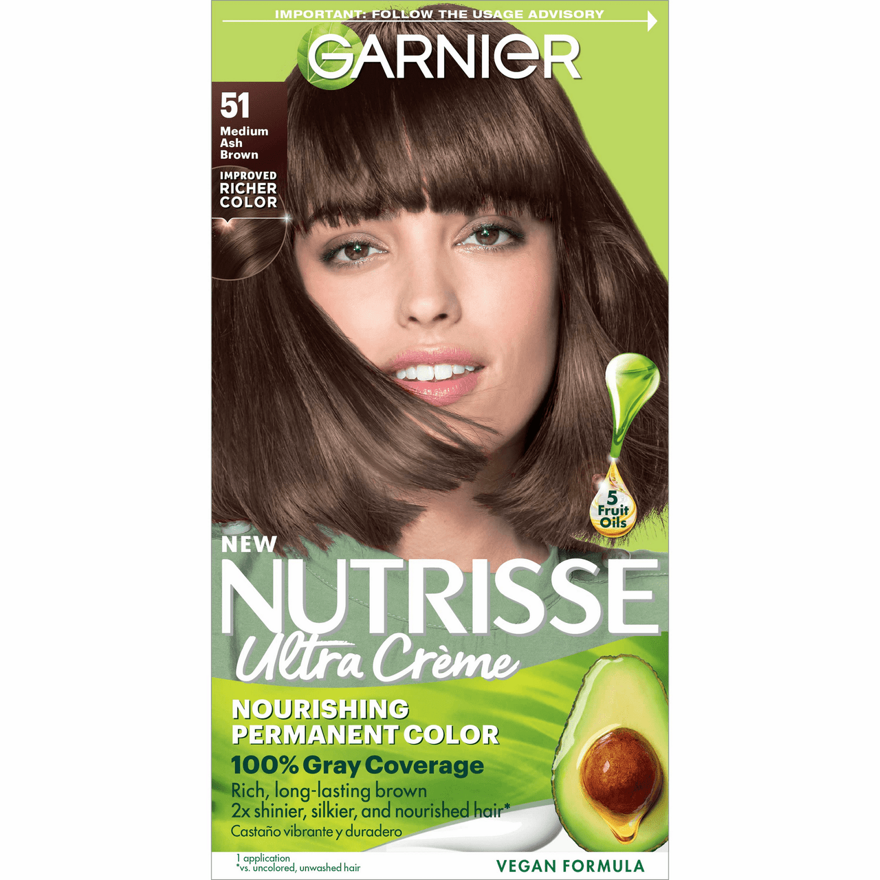 Garnier Nutrisse Permanent, Nourishing Color Creme, #51, Medium Ash Brown - 1 Ea