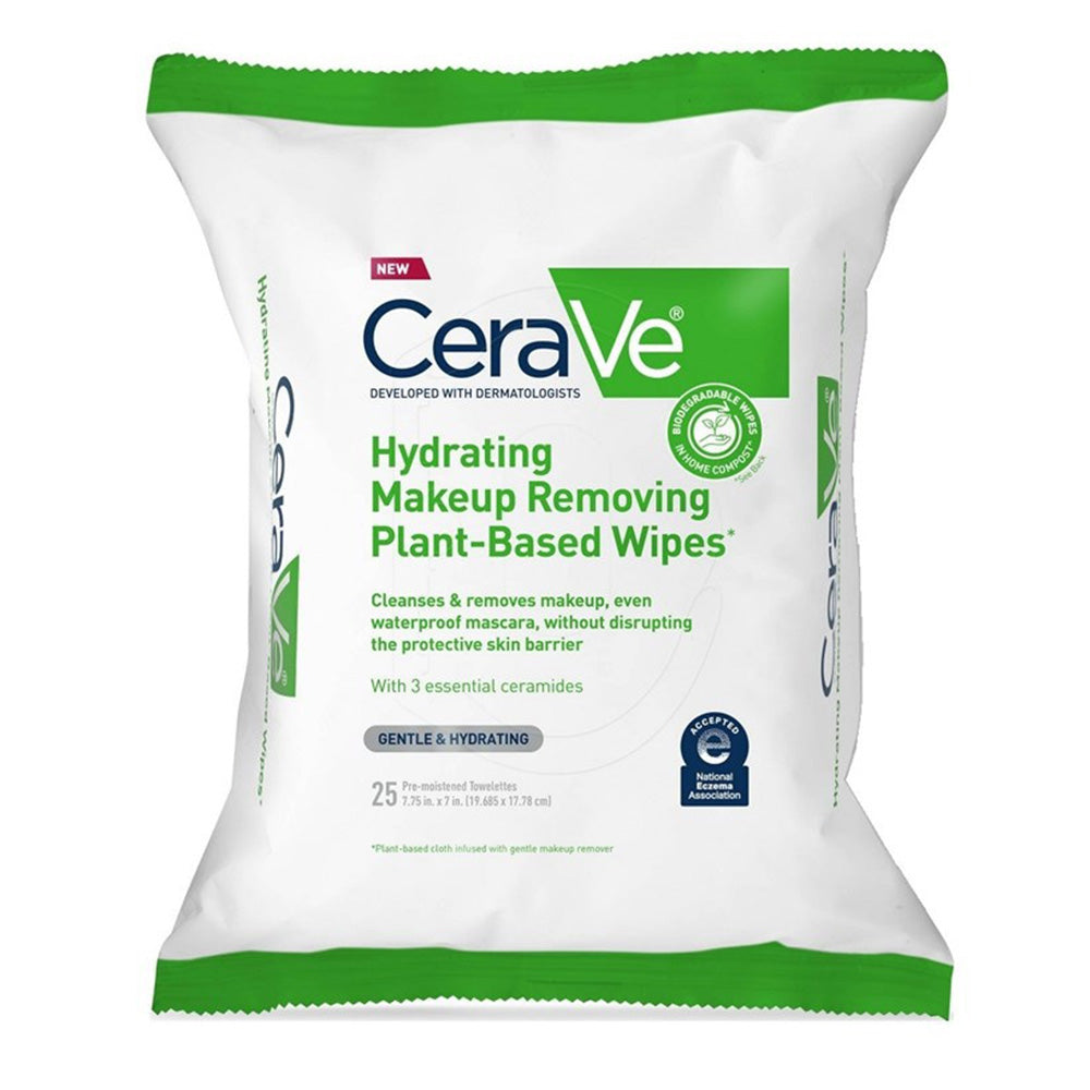 CeraVe Hydrating Makeup Removing Plant Based Wipes Gentle Removes Dirt and Oil Fragrance Free 25Ea