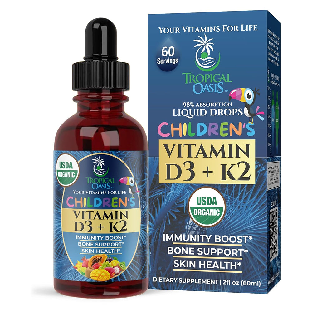 Tropical Oasis Vitamin D3 Plus K2 Organic Drops for Kids Support Bone and Boost Immunity 2Oz (60ml)
