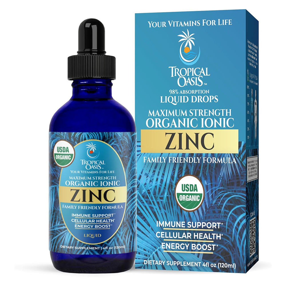 Tropical Oasis Organic Liquid Zinc Drops for Kids and Adults Maximum Strength Immune Support and Energy Booster 4Oz (120ml)