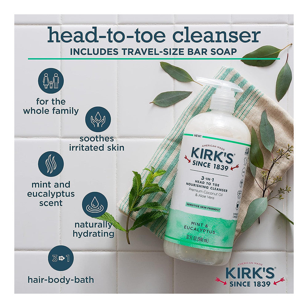 Kirks 3 in 1 Castile Liquid Soap Head to Toe Cleanser, Mint And Eucalyptus Scent, 32 Oz