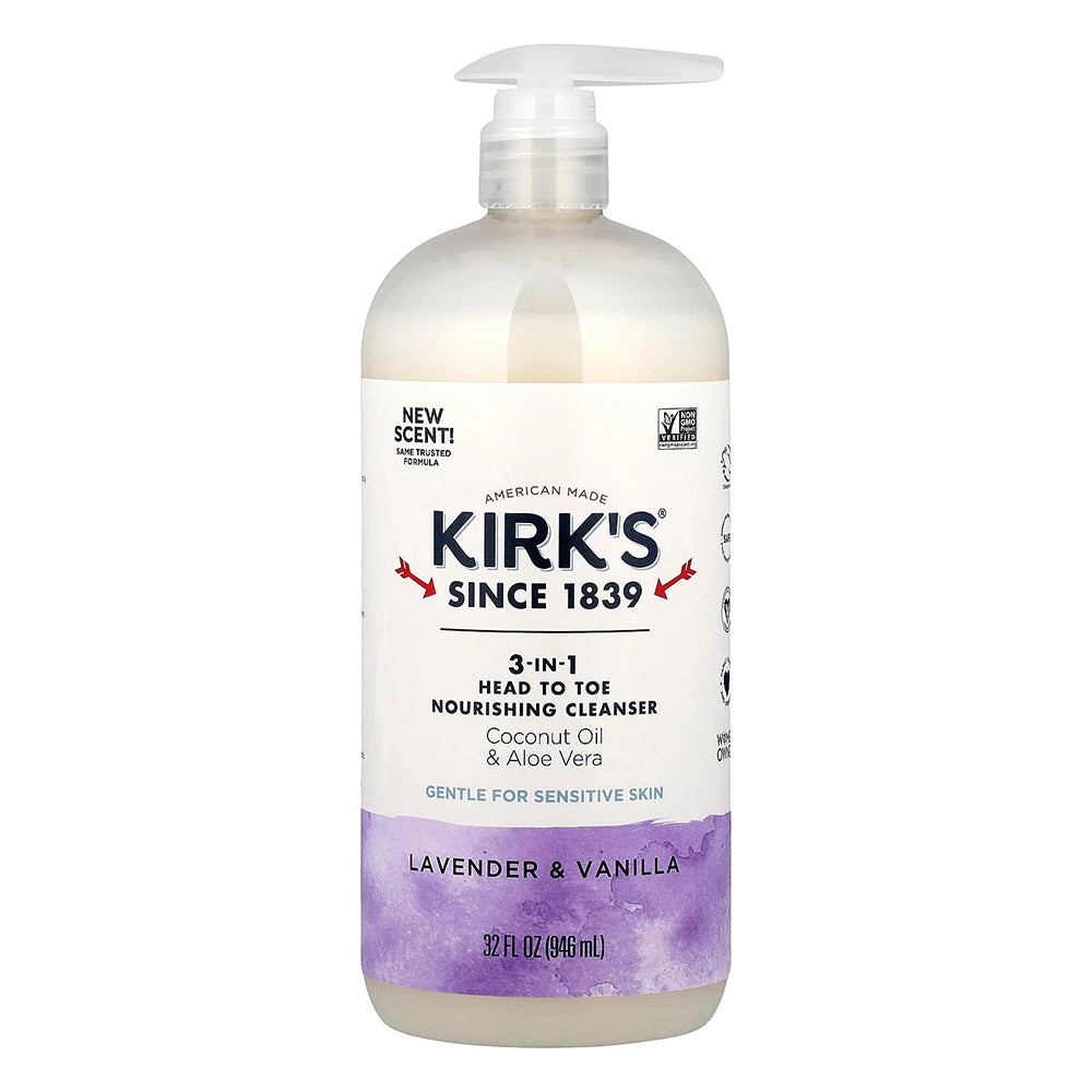 Kirks 3 in 1 Head to Toe Nourishing Cleanser Lavender and Vanilla Scent for Sensitive Skin 32Oz (946ml)