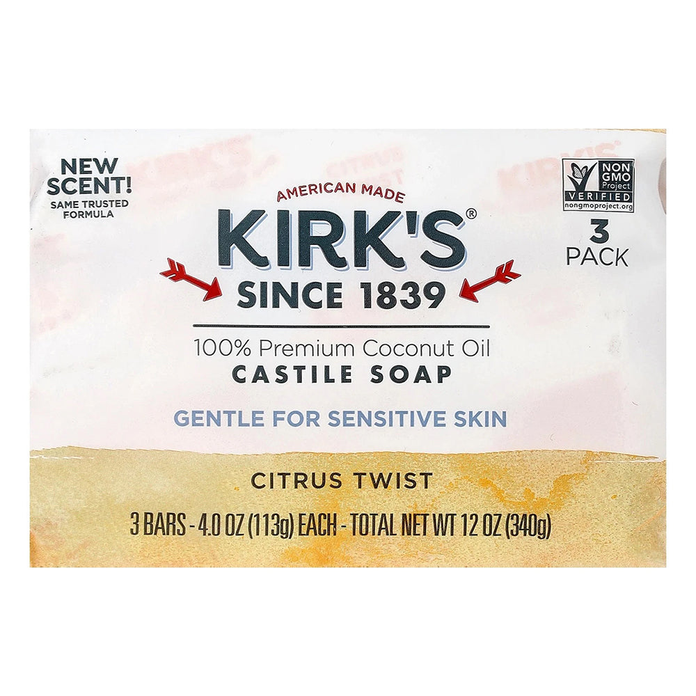 Kirks 100 percent Premium Coconut Oil Castile Bar Soaps Citrus Twist Scent 4Oz (113g) 3Ea