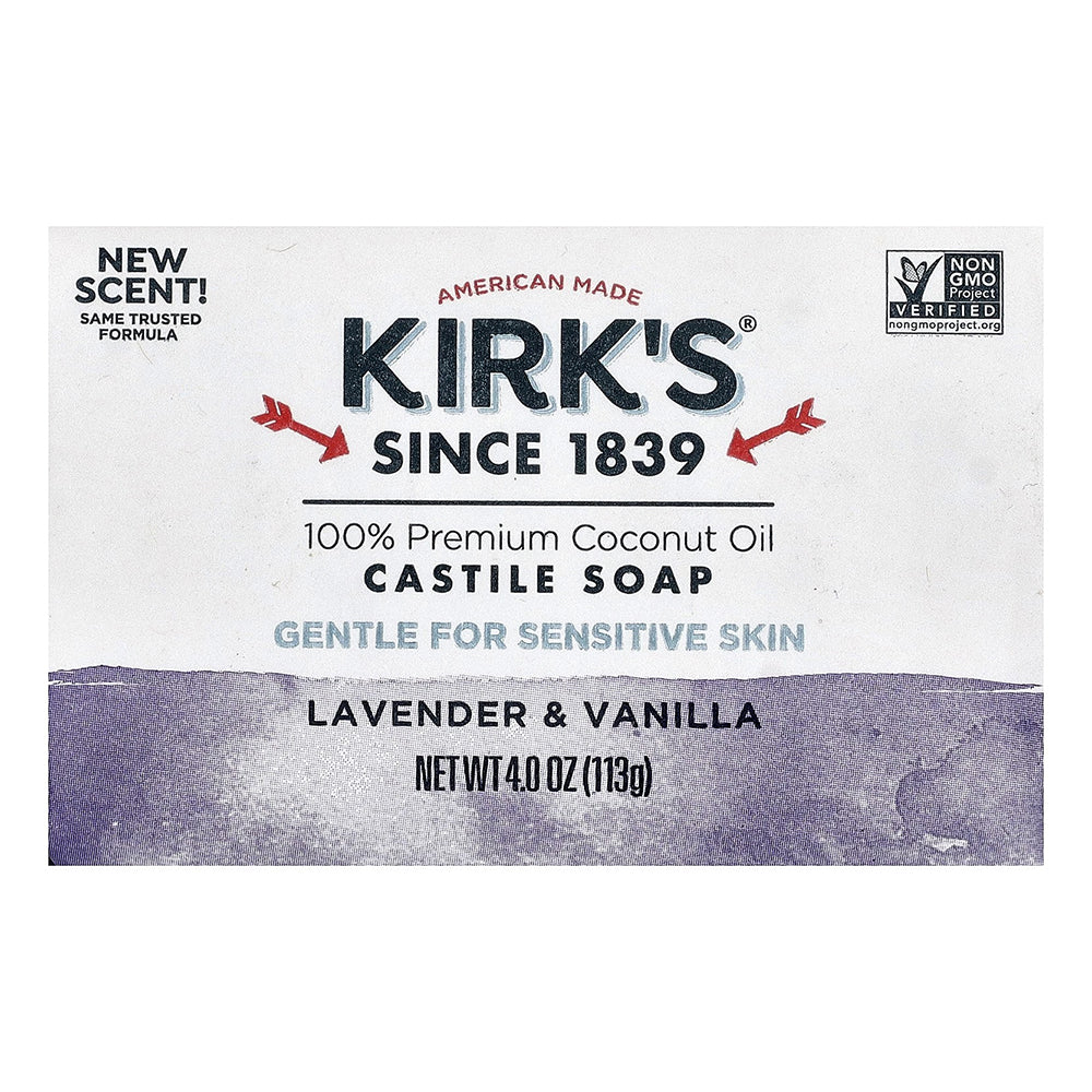 Kirks Castile Bar Soap for Sensitive Skin Lavender and Vanilla Scent 4Oz (113g)