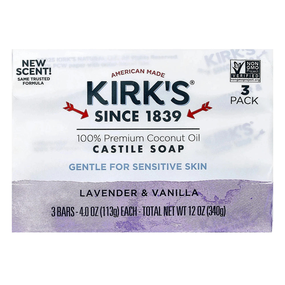 Kirks Premium Coconut Oil Castile Bar Soaps Lavender and Vanilla Scent 4Oz (113g) 3Ea