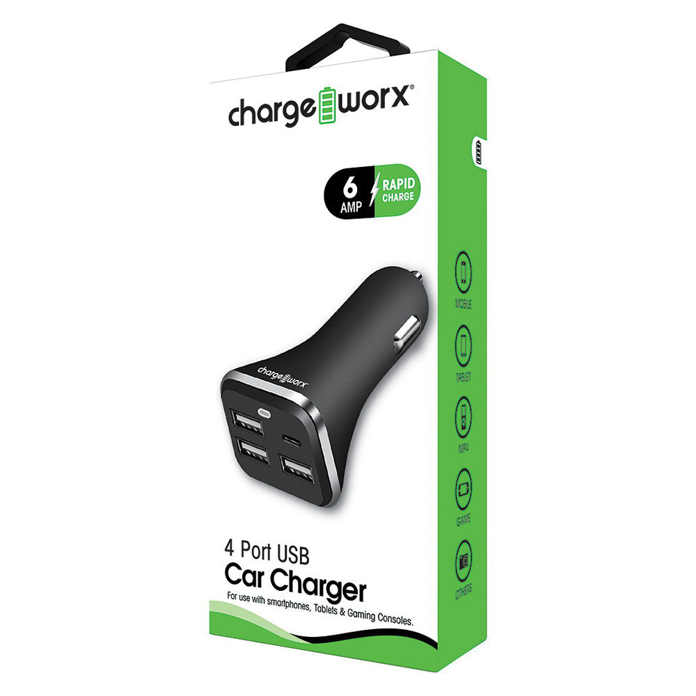 Chargeworx 4 Port Usb Car Charger, Black, 1 Ea