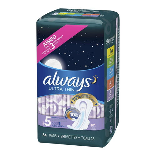 Always Ultra Thin Size 5 Extra Heavy Overnight Pads with Wings Unscented for Maximum Protection 34Ea