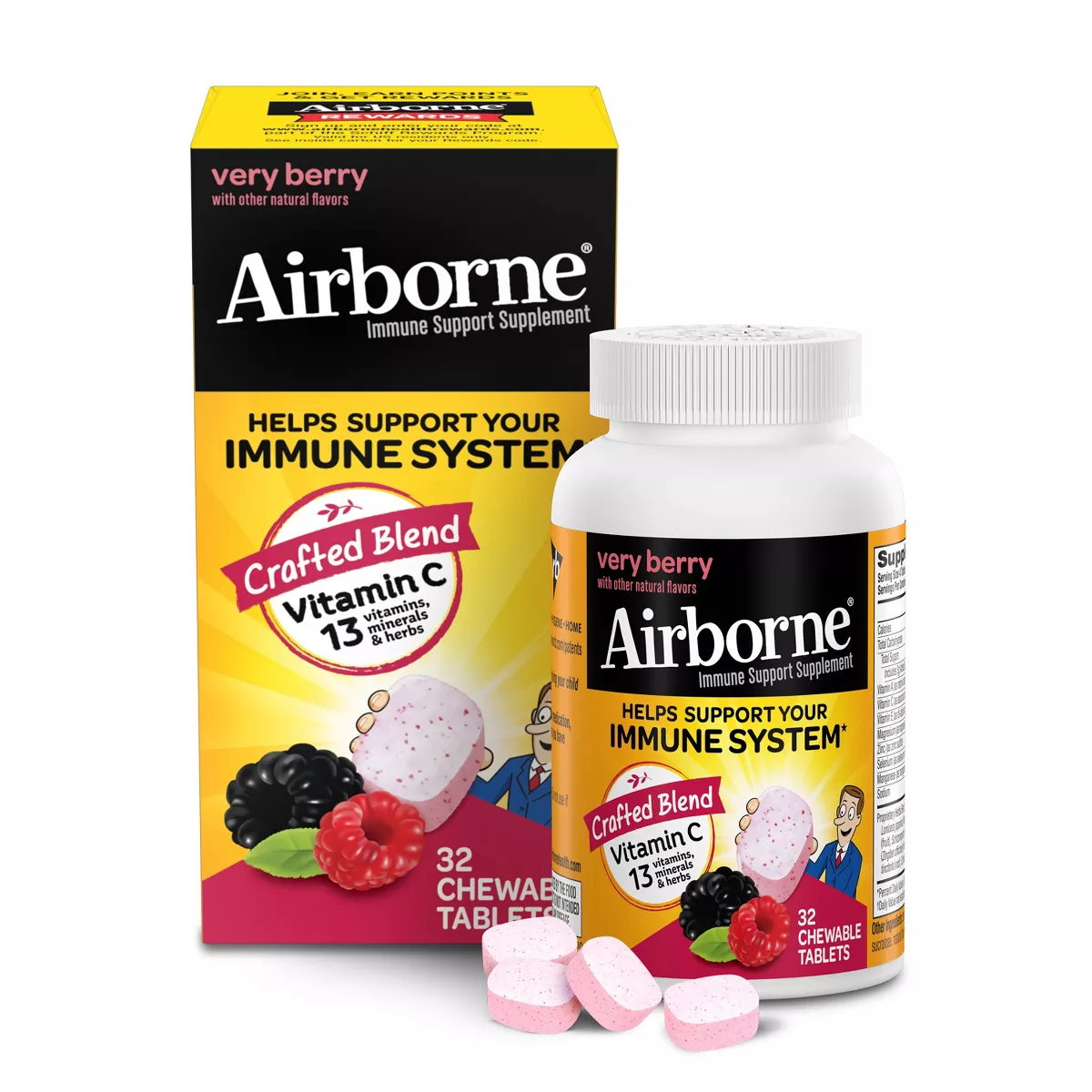 Airborne Blast Vitamin C Chewable Tablets Support Immune System, Berry Flavored - 32 Ea