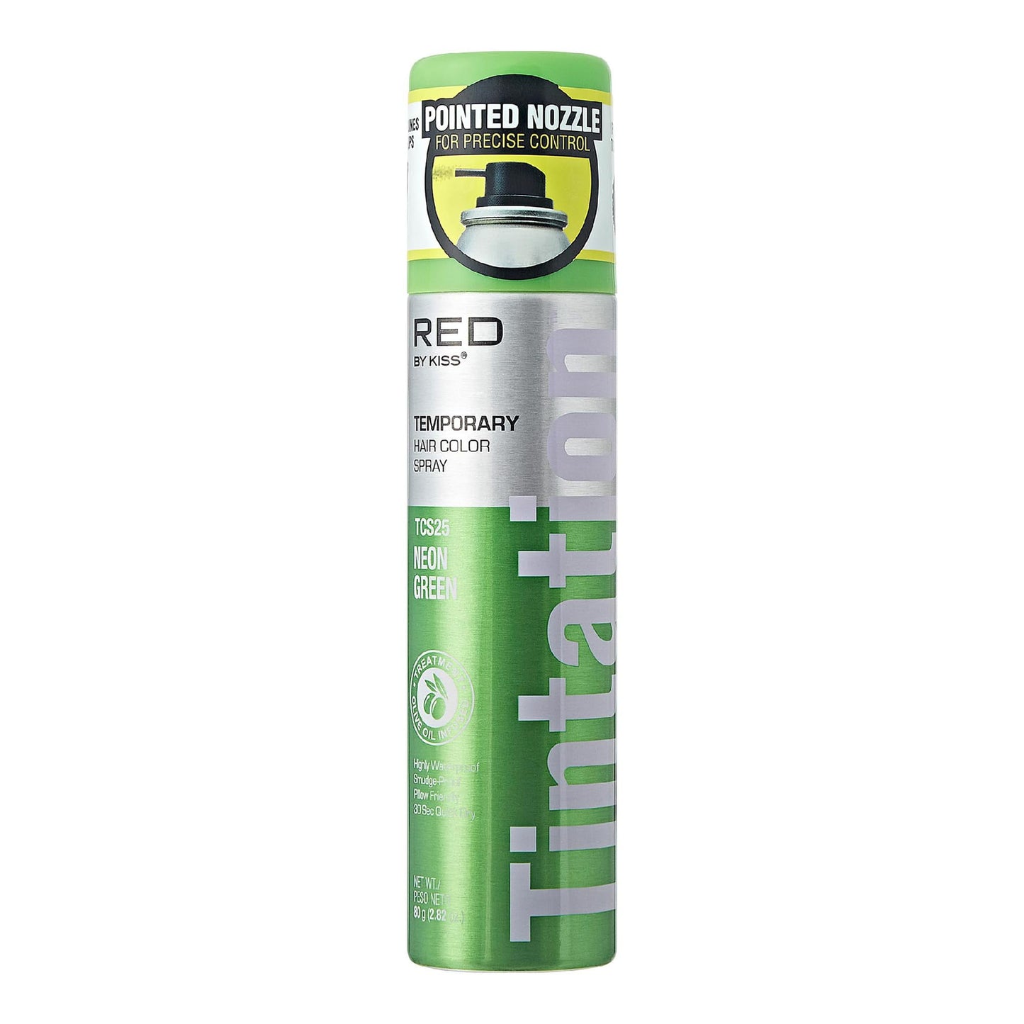Kiss Tintation Neon Green Temporary Hair Color Spray for Vibrant Highlights Gray Root Coverage 2.82Oz (80g)