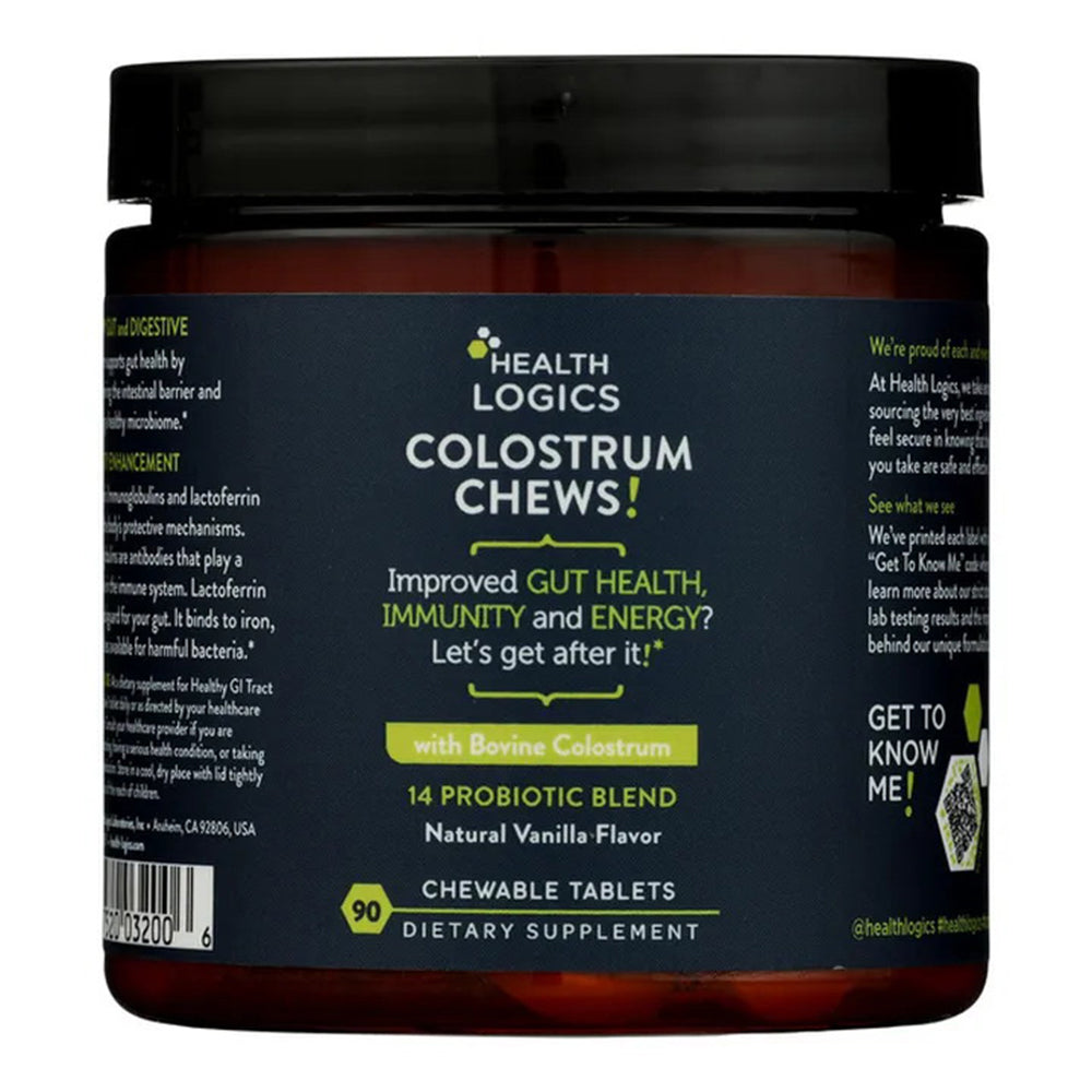 Health Logics Colostrum Chews Probiotic Blend Vanilla Flavor Improved Gut Health Immunity and Energy Chewable Tablets 90Ea