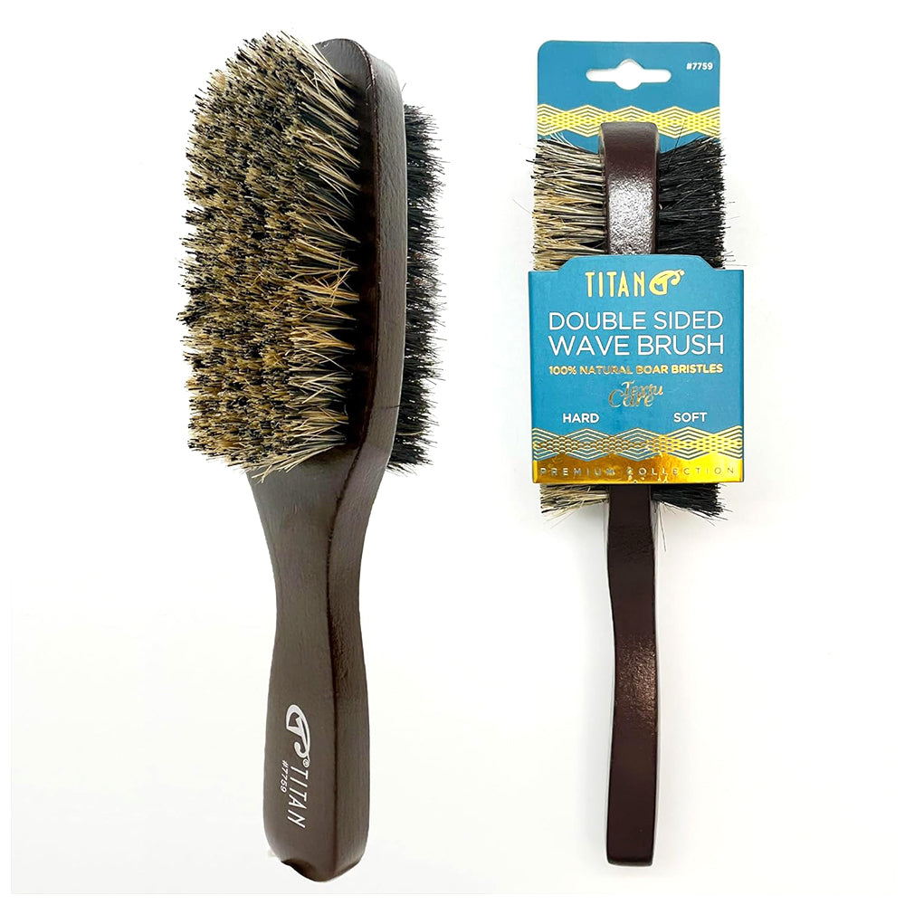 Titan Double Sided Wave Brush Natural Boar Bristles for Smoothing Waves Fades or Short Cuts Wooden Handle 1Ea