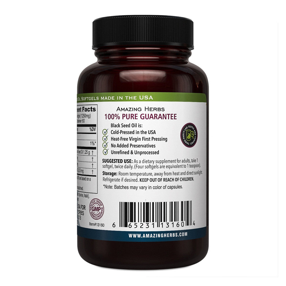 Amazing Herbs Black Cumin Seed 100% Pure Cold-Pressed Oil 1250 mg Softgels, 60 Ea