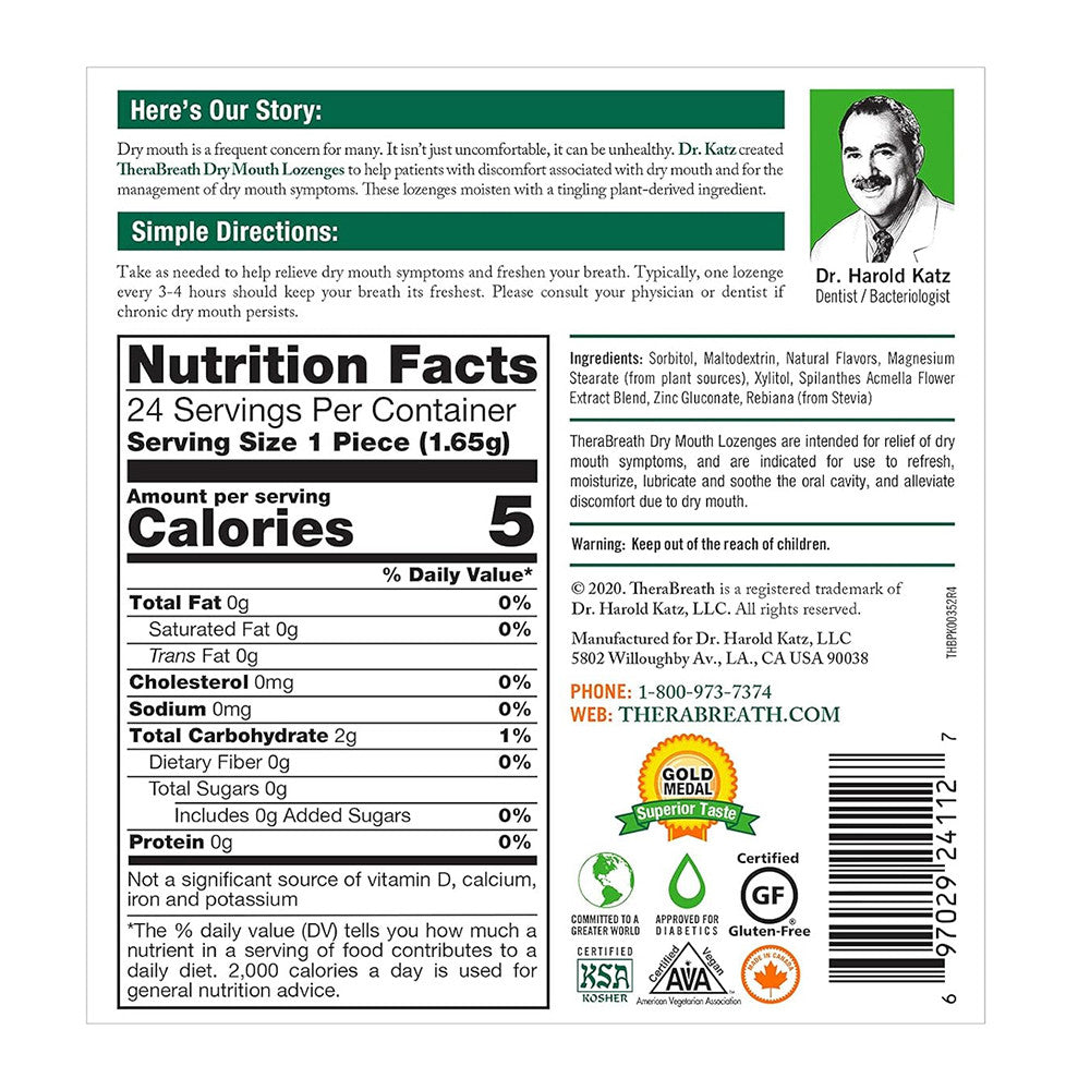 Thera Breath Dry Mouth Sugar Free Lozenges, Mandarin Mint Flavor, 24 Ea