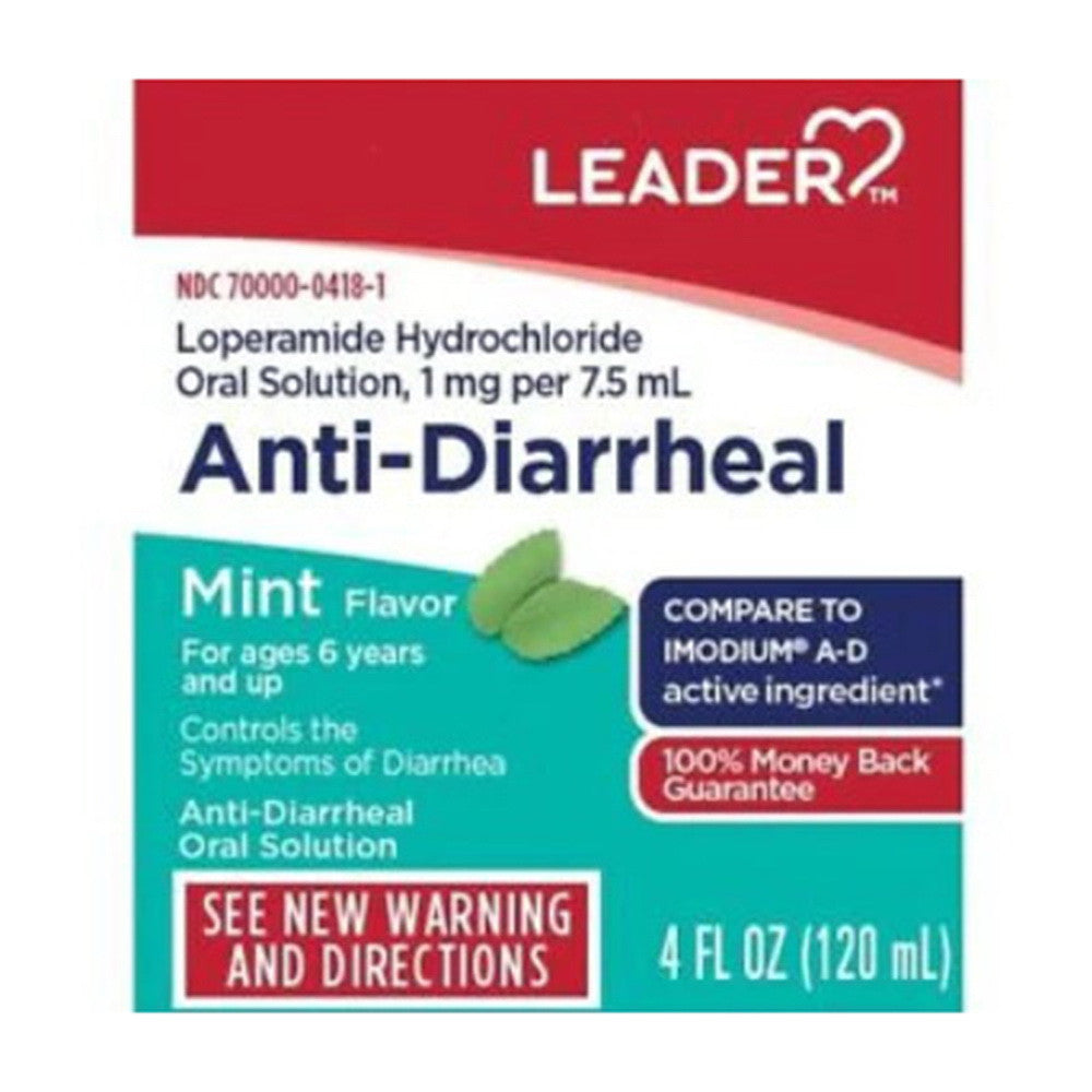 Leader Anti Diarrheal Loperamide Hydrochloride Oral Solution, Mint Flavor, 4 Oz