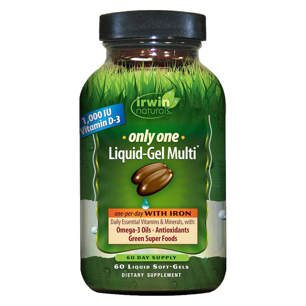 Irwin Naturals Only One Liquid-Gel Multi with Iron Daily Essential Vitamins Minerals Omega3 Oils Green Super Food Softgels 60Ea