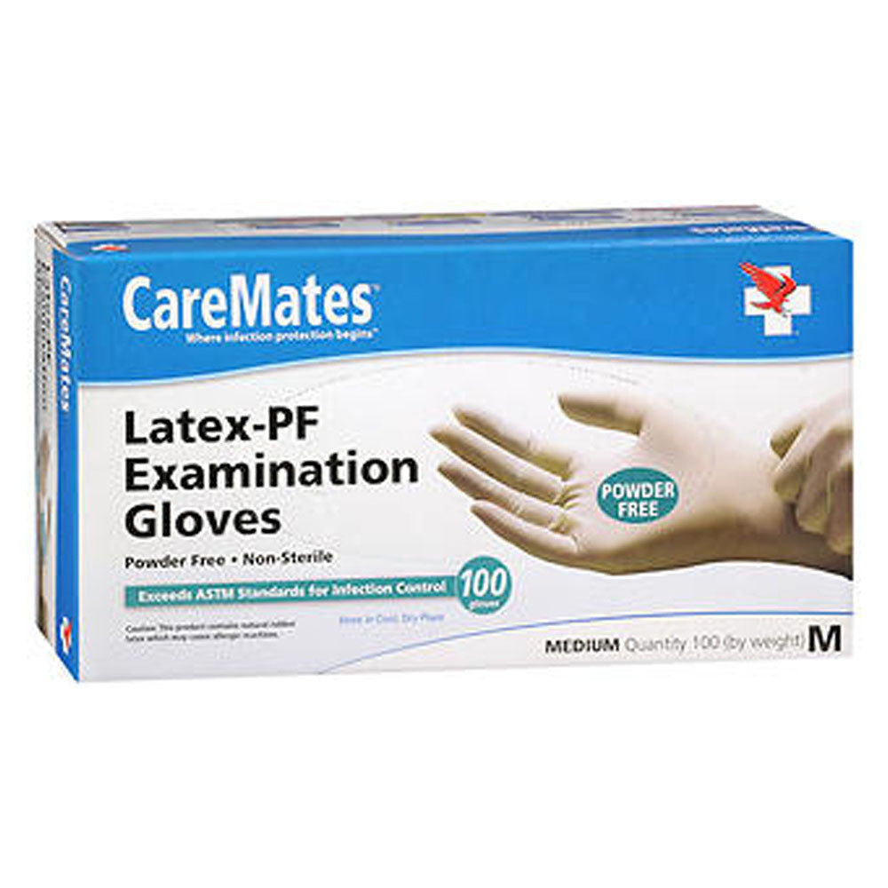 Caremates Latex Exam Gloves Powder Free, Non-Sterile, Medium, 100 Ea