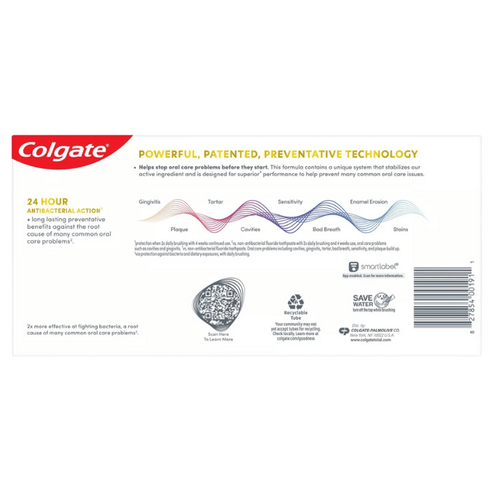 Colgate toothpaste packaging with product features and branding on a white background