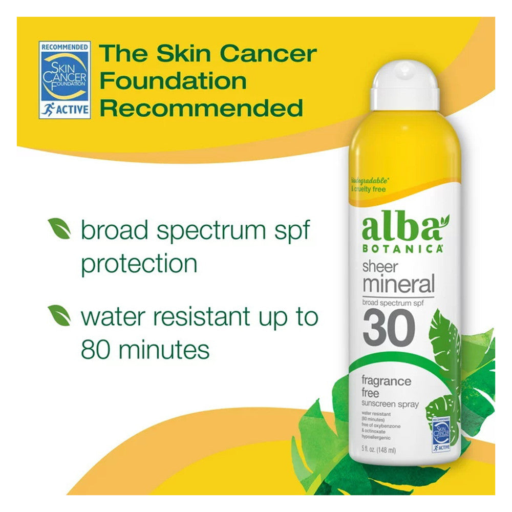 Alba Botanica Sheer Mineral Sunscreen Spray SPF 30, Fragrance Free, 5 Oz