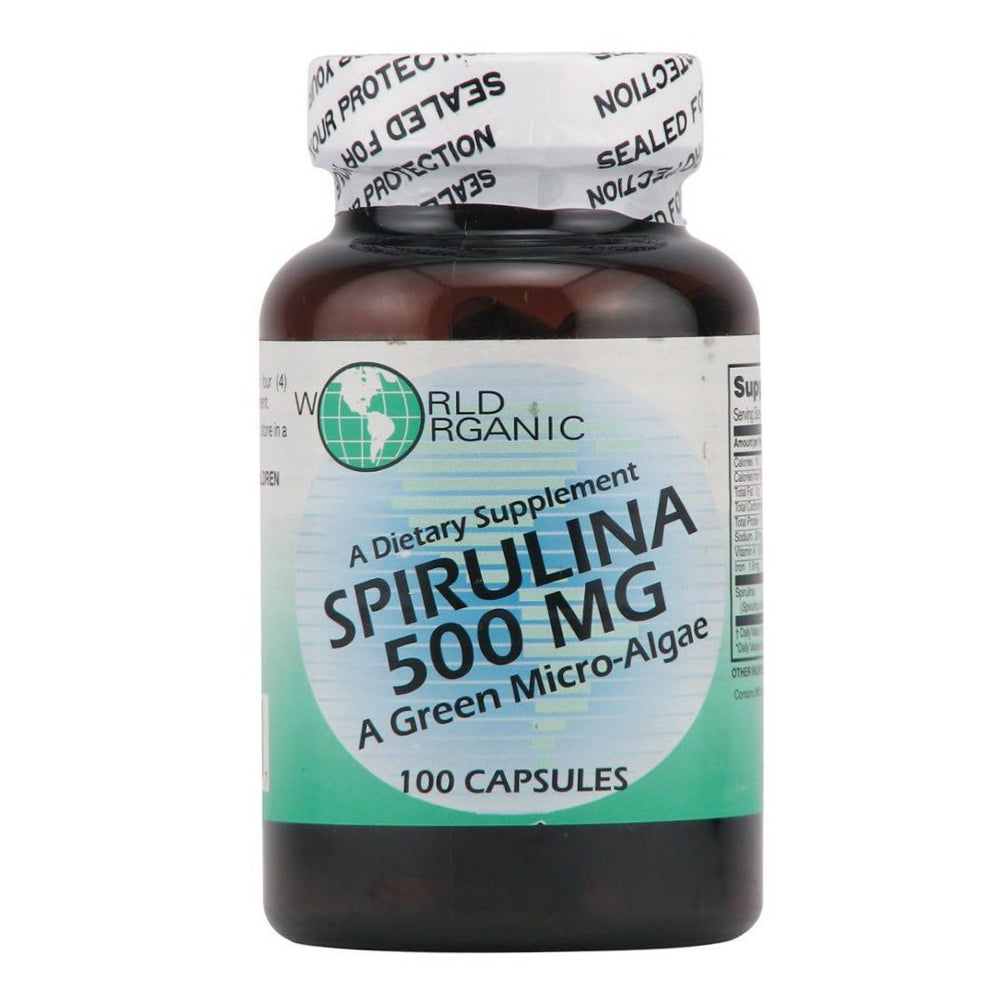 World Organic Spirulina 500 mg Capsules for Energy Immunity and Overall Wellness Support 100Ea