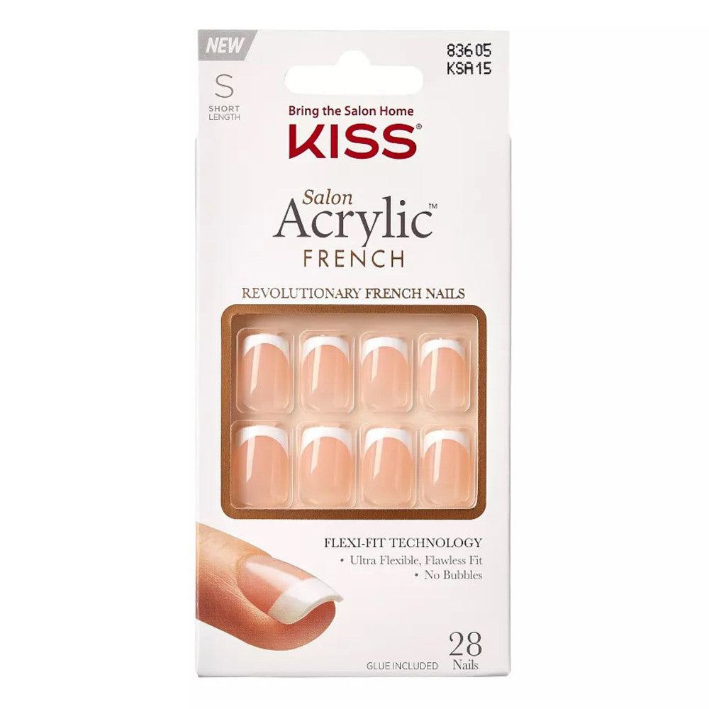 KISS Salon Acrylic, Press On Nails, Bonjour, White, Short Squoval, 28 Ea