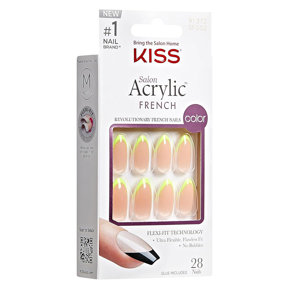 Kiss Salon Acrylic Press On Fake Nails Hype Light Neon Yellow Medium Size 28Ea