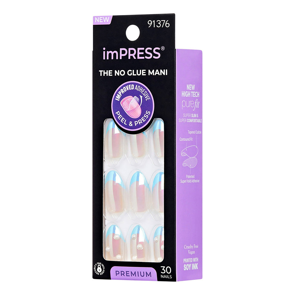 Kiss Impress Premium Press On Fake Nails Best Life Blue Medium Almond 30Ea