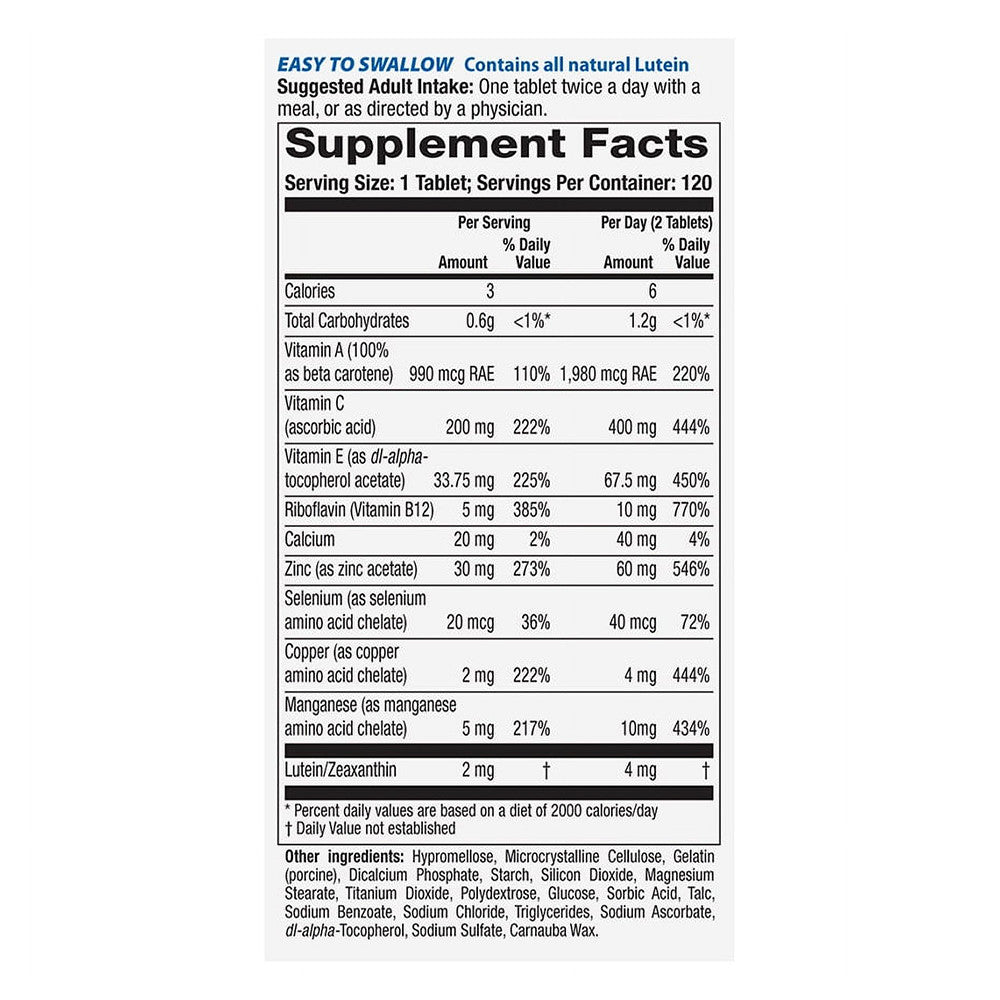 Icaps Lutein And Zeaxanthin Lactose Free Ocular Eye Vitamin Tablets - 120 Ea