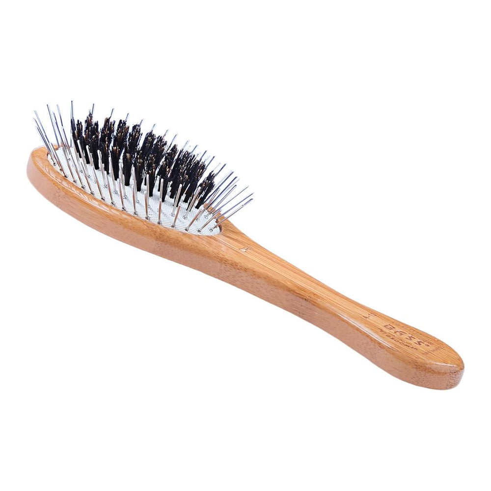 Bass Brushes Hybrid Groomer Shine Natural Bristle and Alloy Pin Bamboo Handle Small Oval Shape Brush for Pet 1Ea