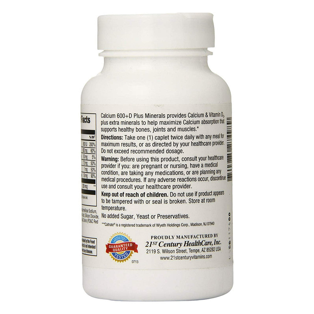 21st Century Calcium 600 Vitamin D3 Plus Minerals Supplement Tablets for Bone Support, 120 Ea