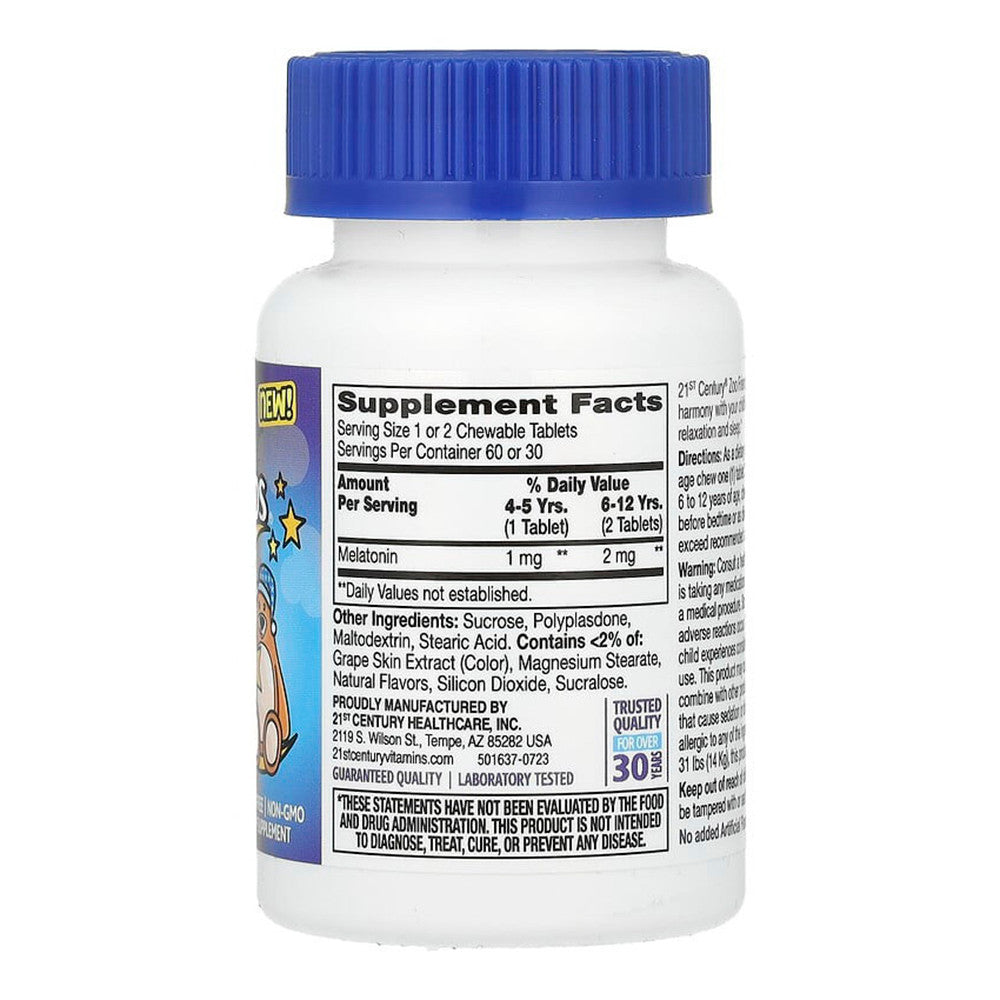 21st Century Zoo Friends Sleep Childrens Chewable Melatonin Tablets Ages 4+, Raspberry Flavor, 60 Ea