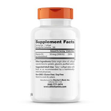 Doctors Best Vitamin D3 2000 IU Softgel Capsules, 180 Ea