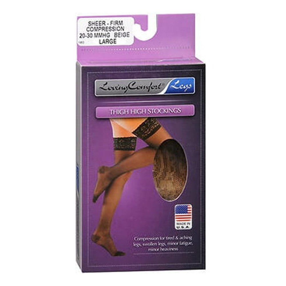 Loving Comfort Firm Compression Thigh High Sheer Stockings, 20 to 30 Mmhg Beige, Large, 1 Pair