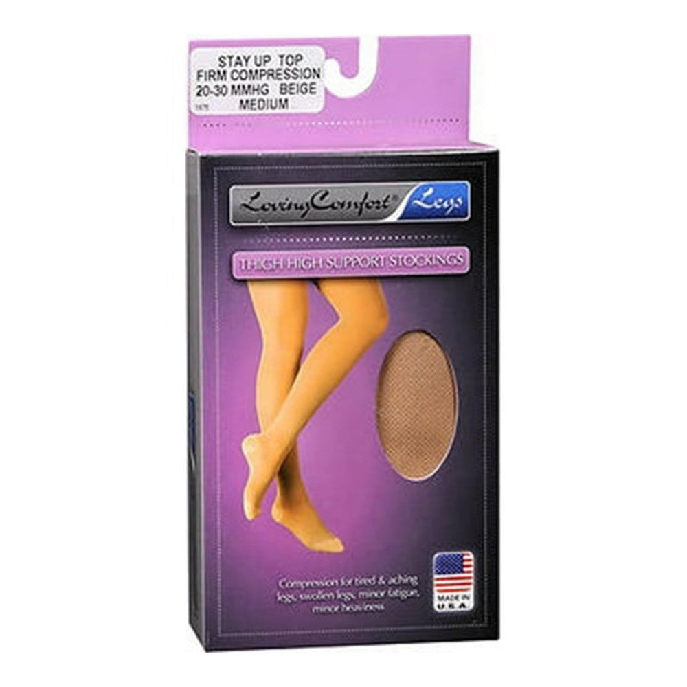 Loving Comfort Surgical Weight Thighs Highs Stay Up Top Firm Compression 20 to 30Mmhg Closed Toe Unisex Beige Medium, 1 Pair