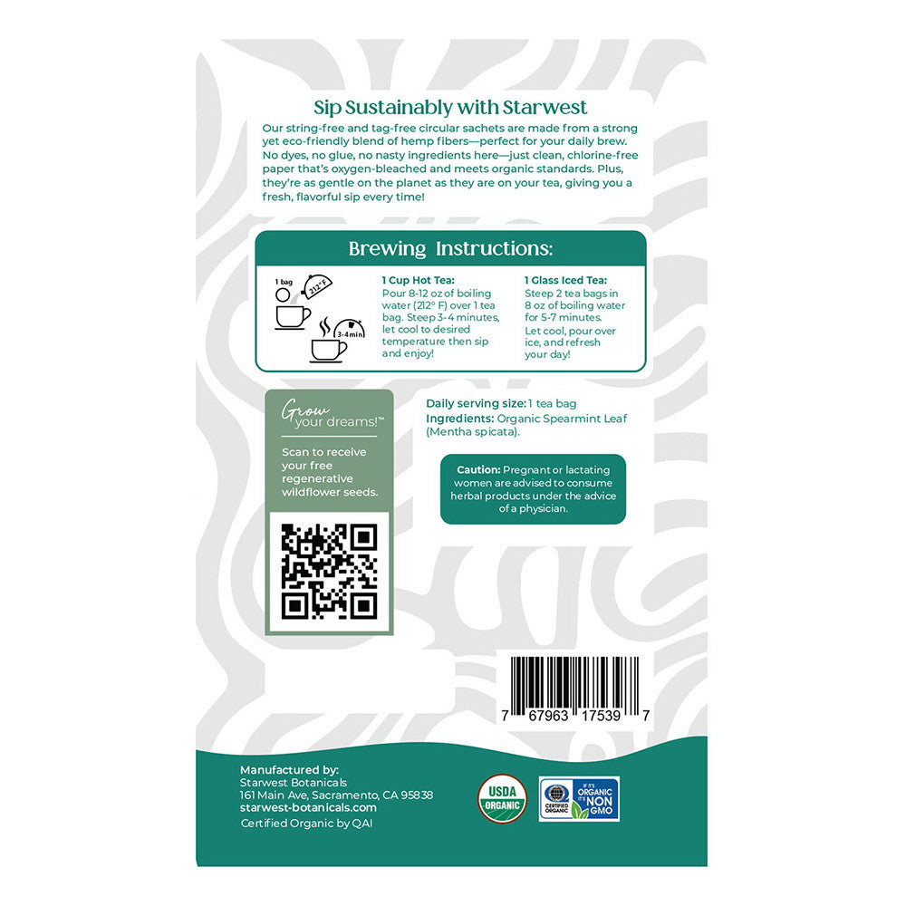 Starwest Botanicals Spearmint Organic Tea Bags Caffeine Free Cool and Refresh Your Senses 100Ea
