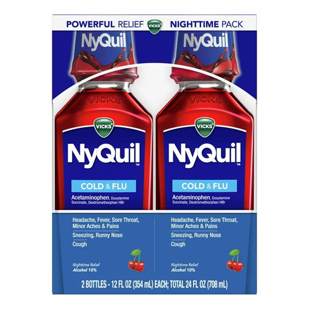 Vicks Nyquil Cold And Flu Night Time Relief Liquid, Cherry Flavor - 12 Oz, 2 Ea
