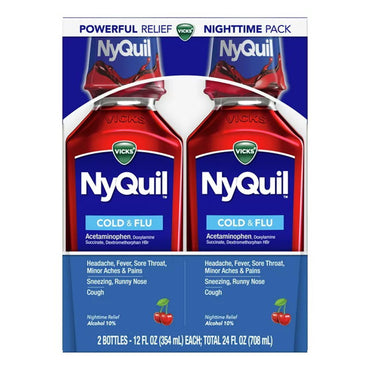 Vicks Nyquil Cold And Flu Night Time Relief Liquid, Cherry Flavor - 12 Oz, 2 Ea