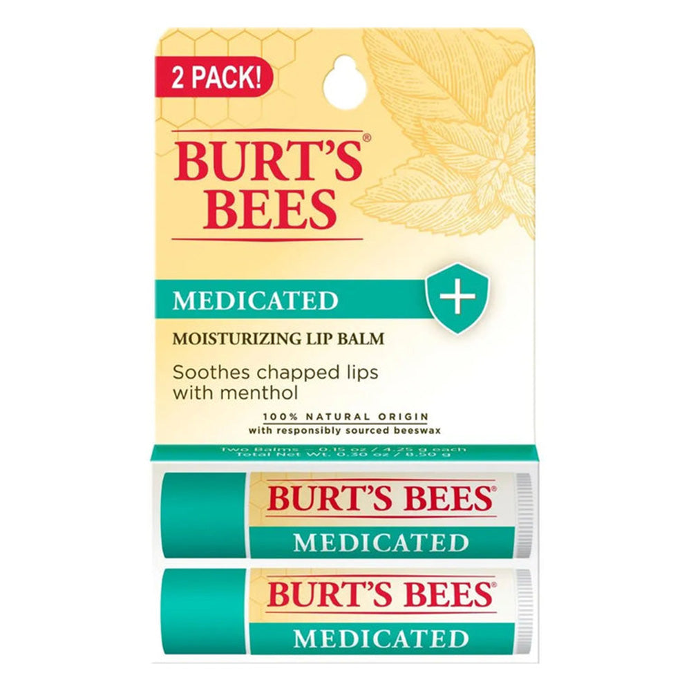 Burts Bees Medicated Moisturizing Lip Balm Soothes Chapped Lips with Menthol Tubes Twin Pack 0.15Oz (4.25g)