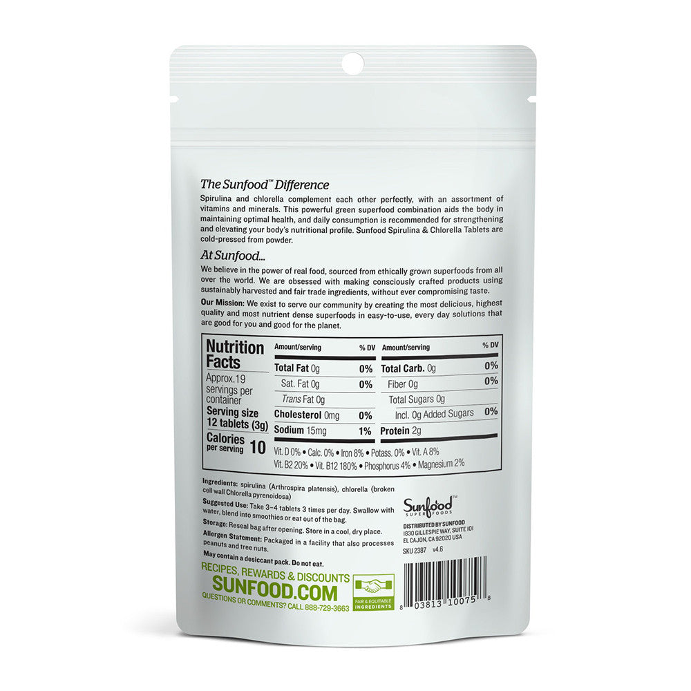 Sunfood Superfoods Spirulina and Chlorella Super Algae Tablets, 2 Oz