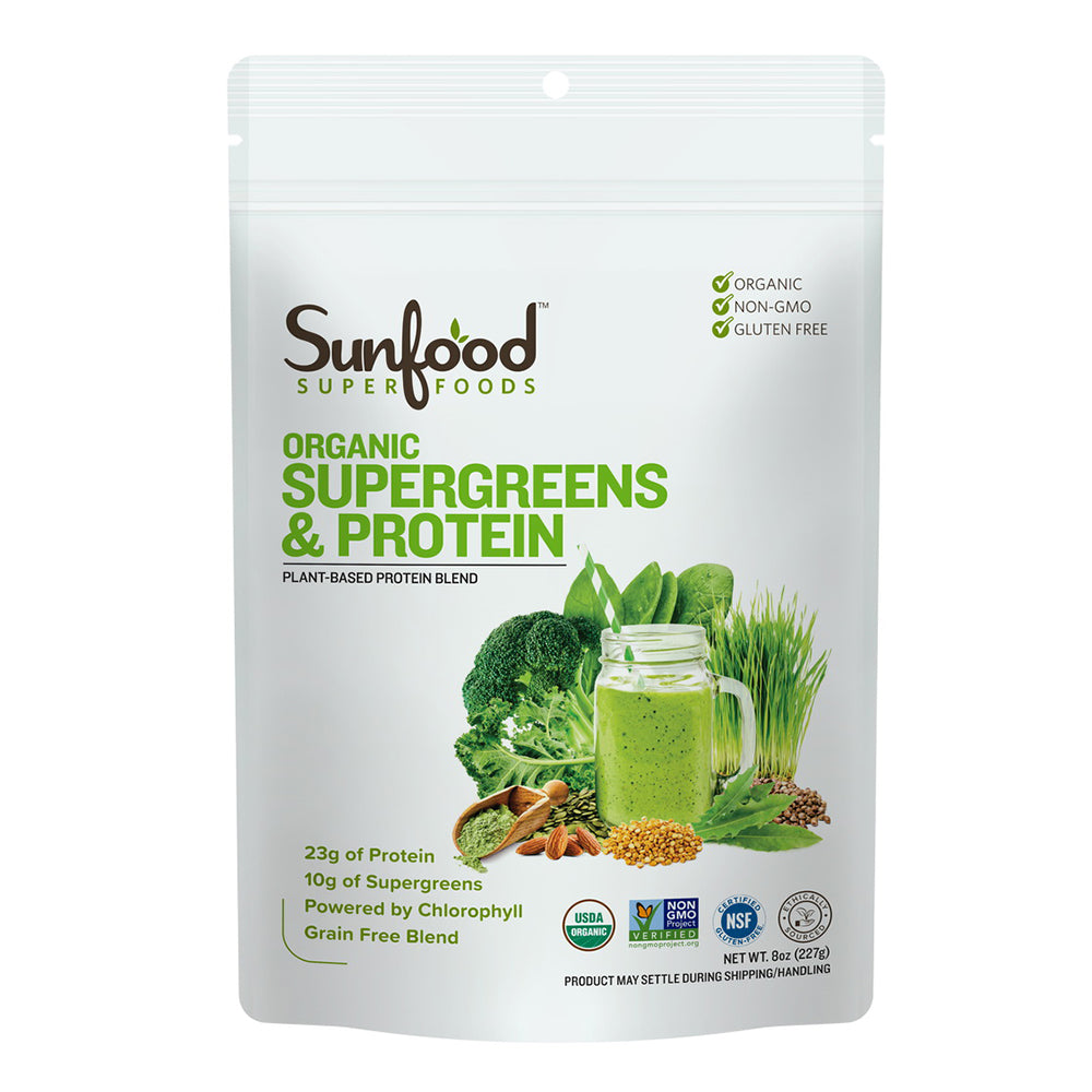 Sunfood Organic Supergreens and Protein Plant Based Vegan Supporting Lean Muscle Repair and Daily Nutrition 8Oz (227g)