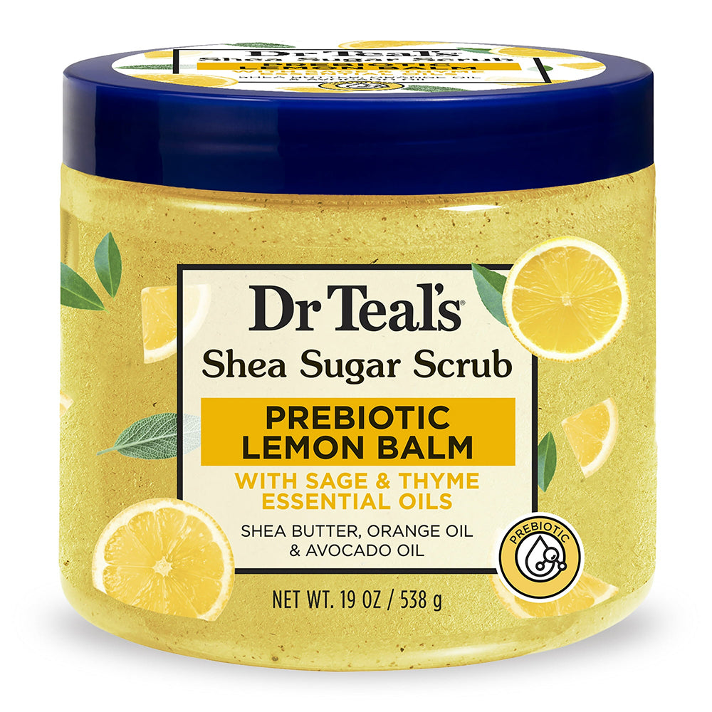 Dr Teals Shea Sugar Body Scrub with Prebiotic Lemon Balm for Exfoliating and Moisturizing Skin 19Oz (538g)