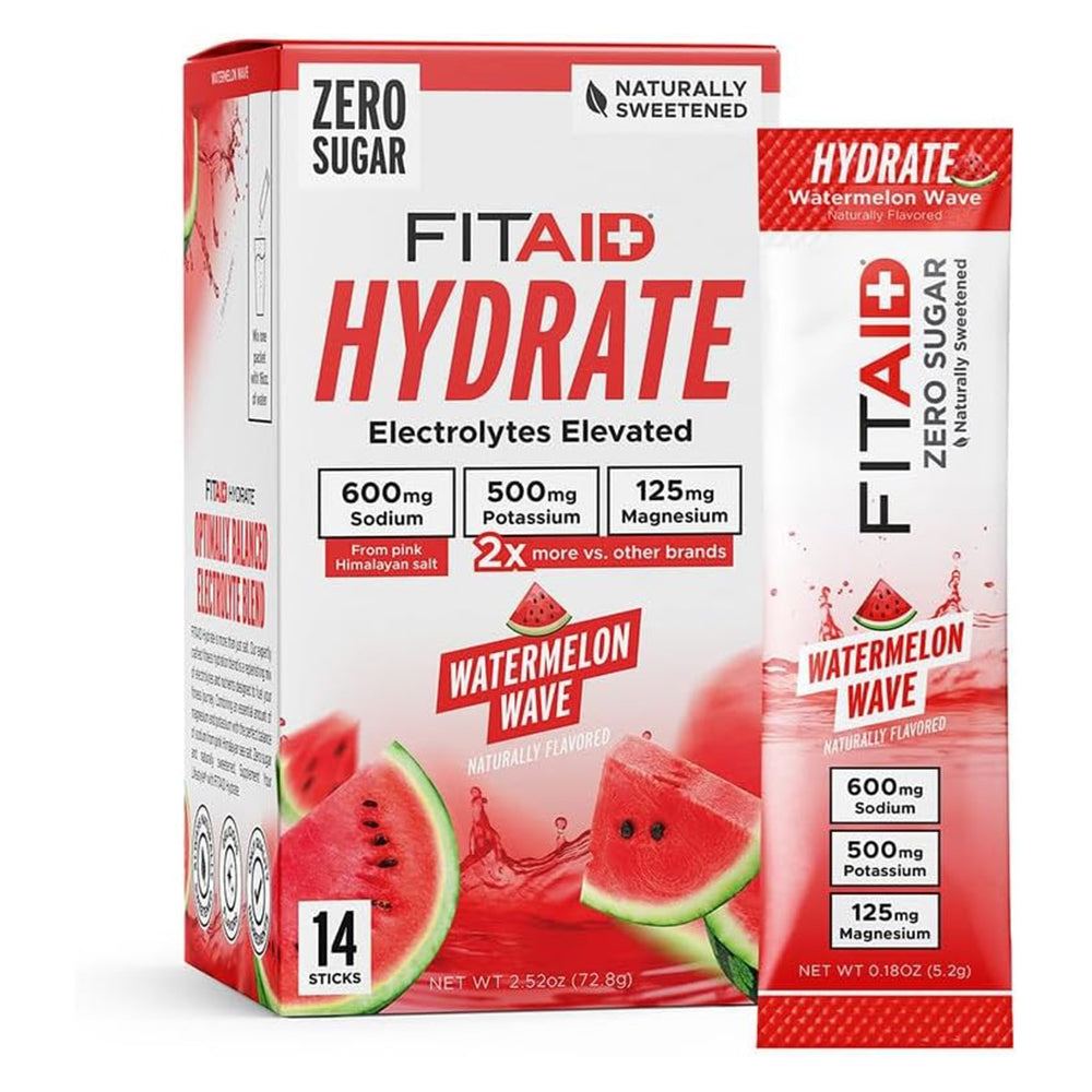 Fitaid Hydrate Watermelon Wave Sticks for Faster Rehydration and Electrolyte Balance 0.18Oz (5.2g) 14Ea