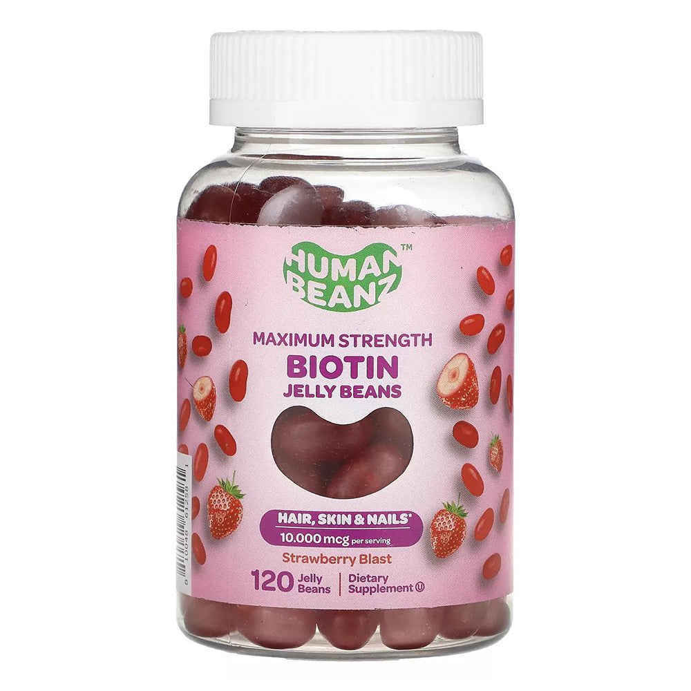 Human Beanz Biotin Jelly Beans Maximum Strength Strawberry Blast for Hair Skin and Nails 120Ea