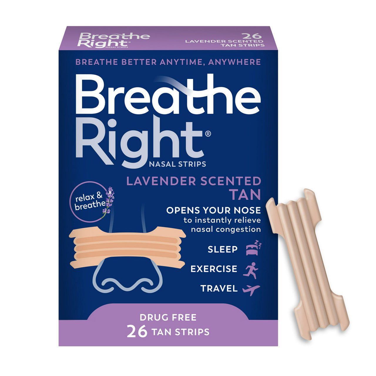 Breathe Right Nasal Strips for Congestion Relief Lavender Scented Drug-Free, 26 Ea